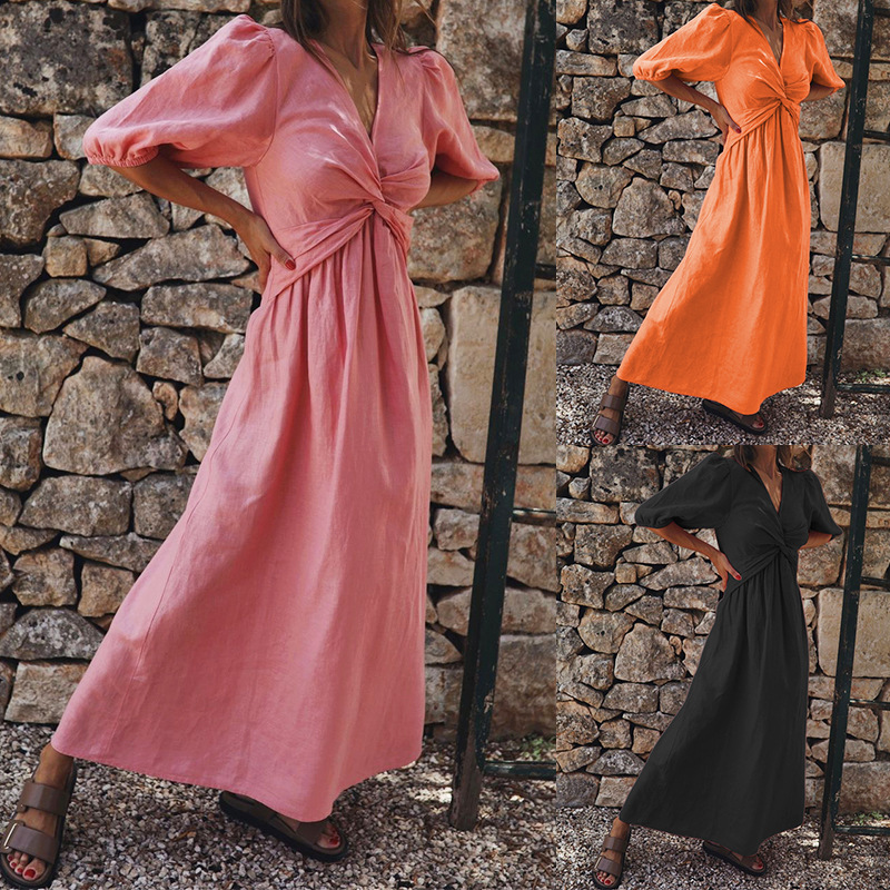 Vestido midi de cintura alta com decote em V que afina a silhueta - Imagem 6