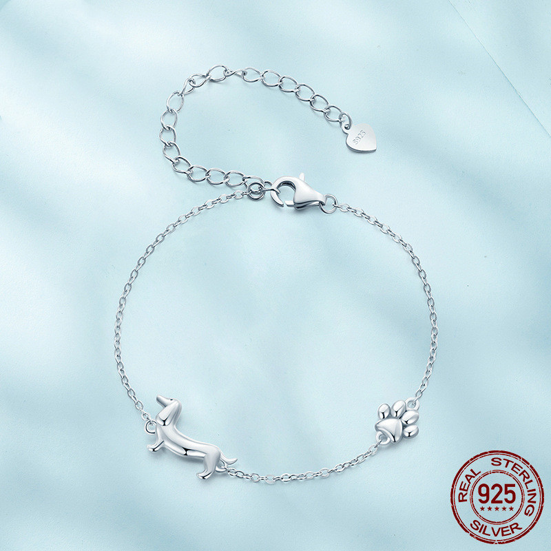 S925 Sterling Silver White Gold Plated Cute Sausage Dog Bracelet