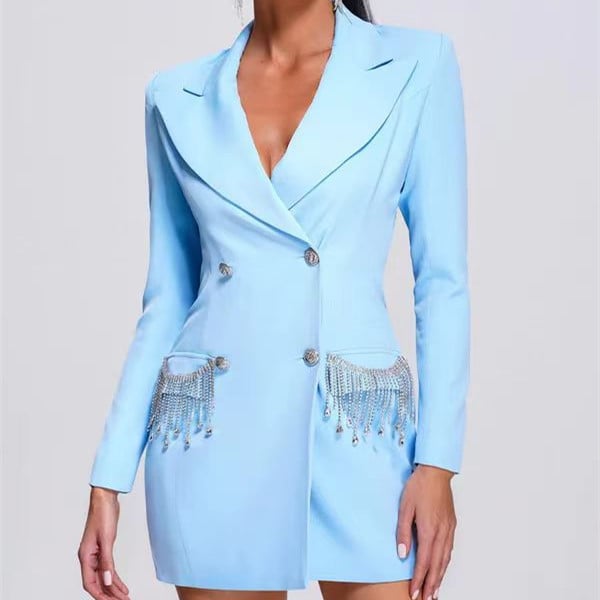 Women's Long-sleeved V-neck Tassel Diamond Suit Image 4