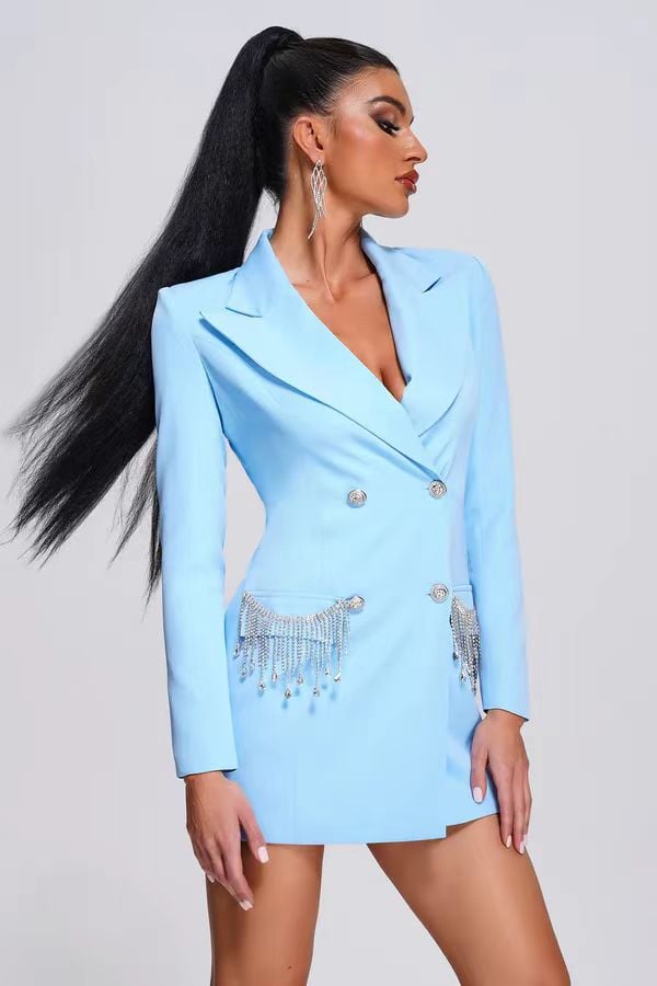 Women's Long-sleeved V-neck Tassel Diamond Suit Image 3
