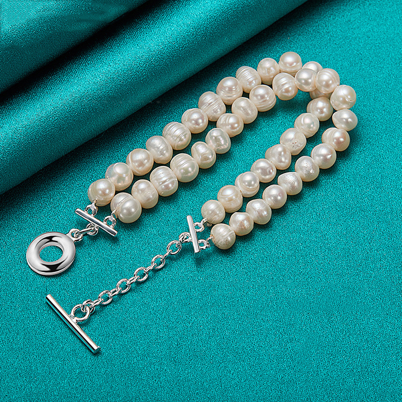 Silver Jewelry Natural Freshwater Pearl Double Row Chain Bracelet