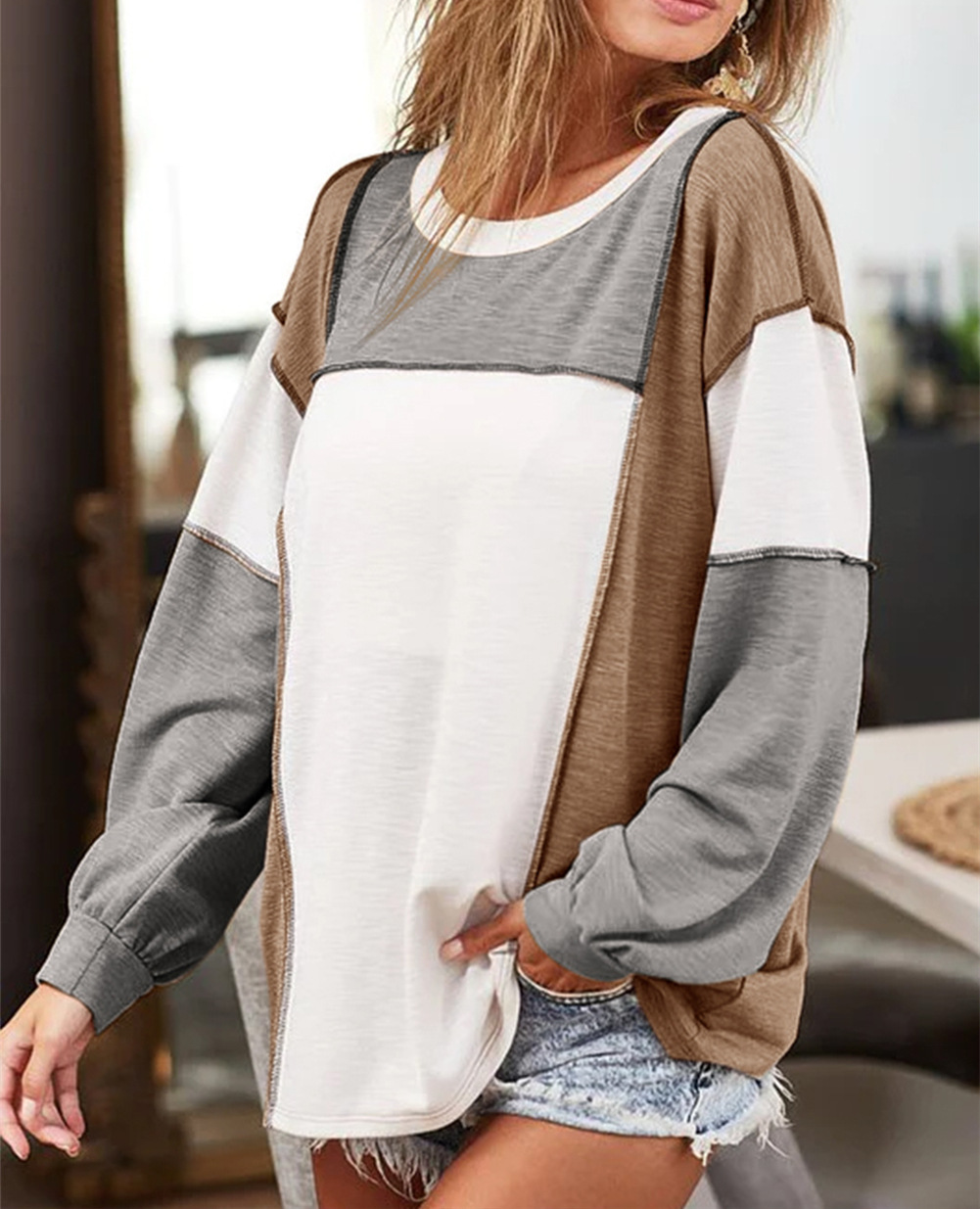 Round Neck Multicolor Pullover Fashion Loose Casual Sweater Image 7