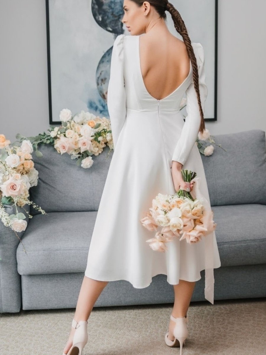 White Simple Banquet Dress Puff Sleeves