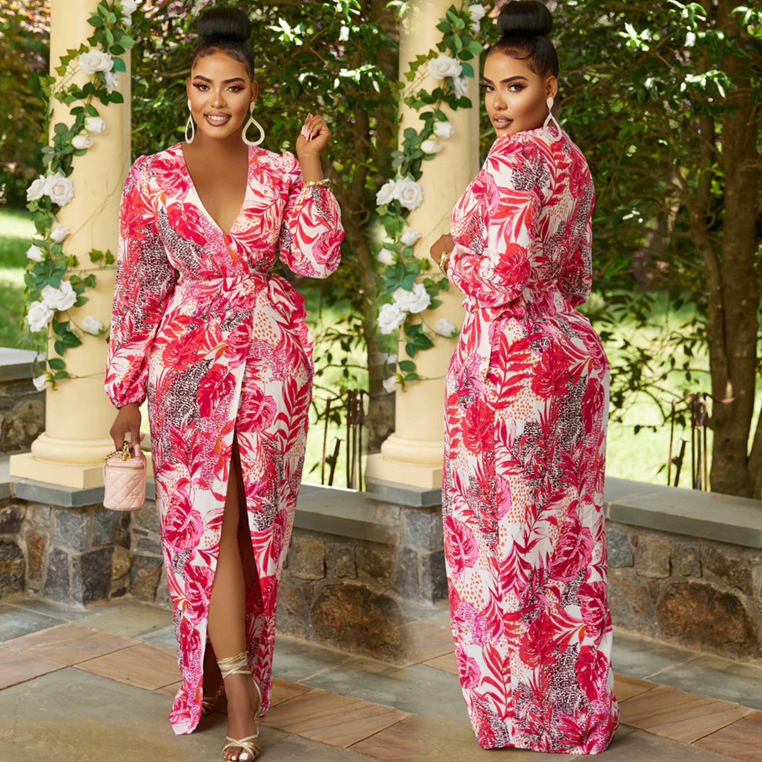 Women's V-neck Printed Long Sleeve Tied Dress - Image 4