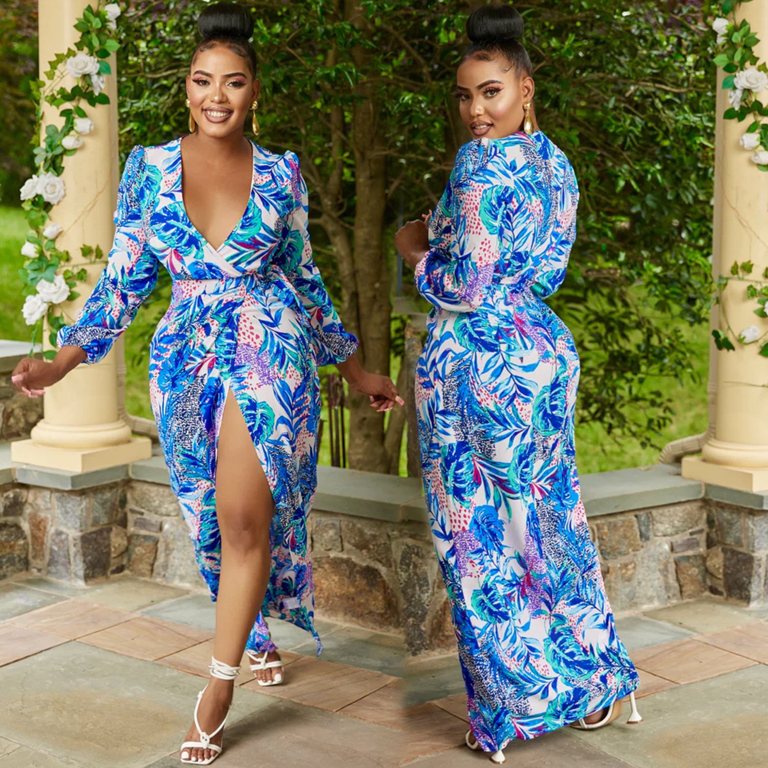 Women's V-neck Printed Long Sleeve Tied Dress - Image 2