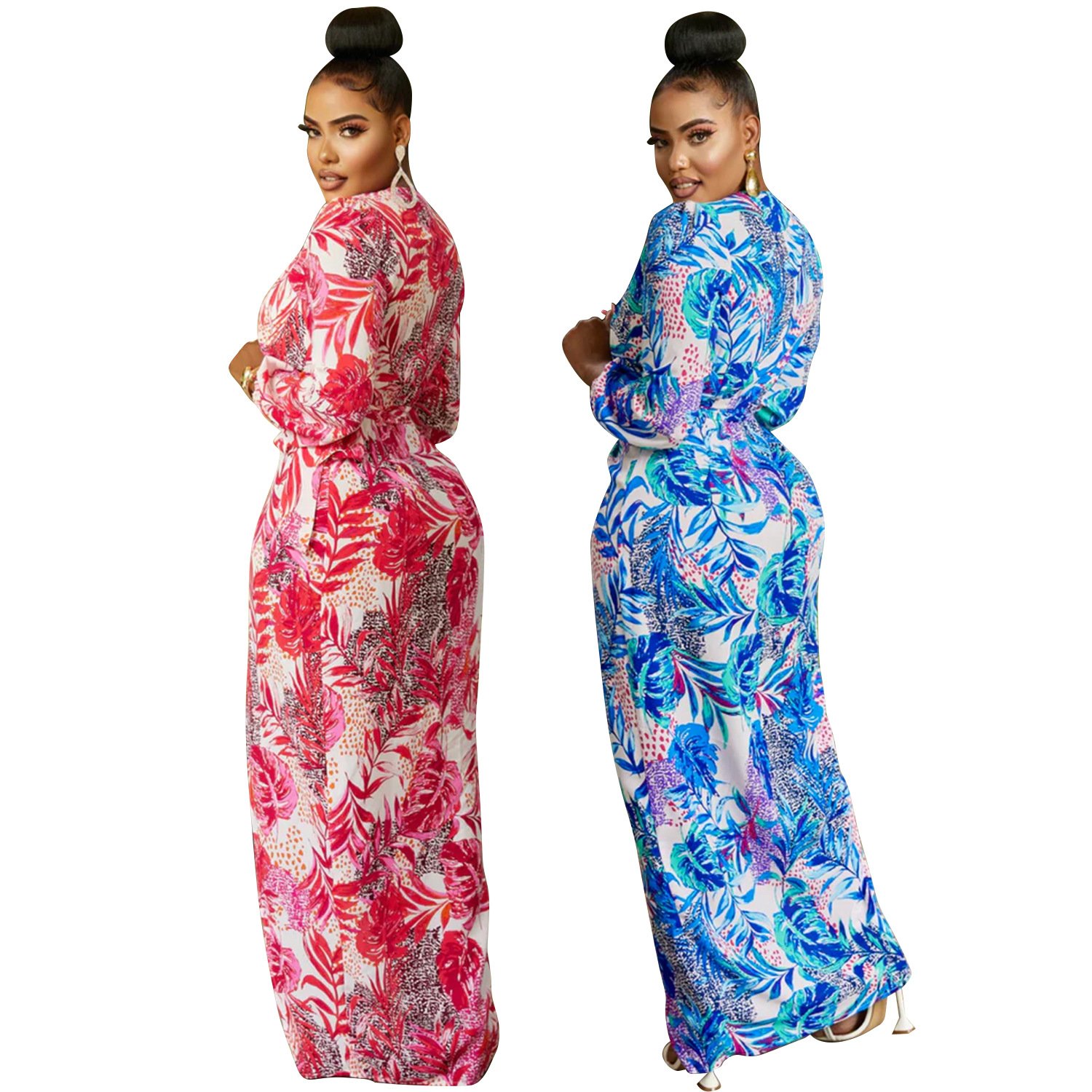 Women's V-neck Printed Long Sleeve Tied Dress - Image 7