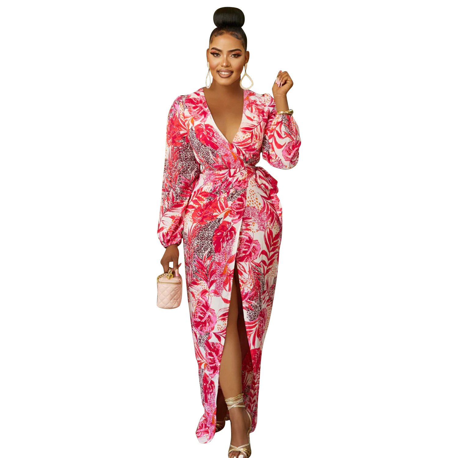 Women's V-neck Printed Long Sleeve Tied Dress - Image 5