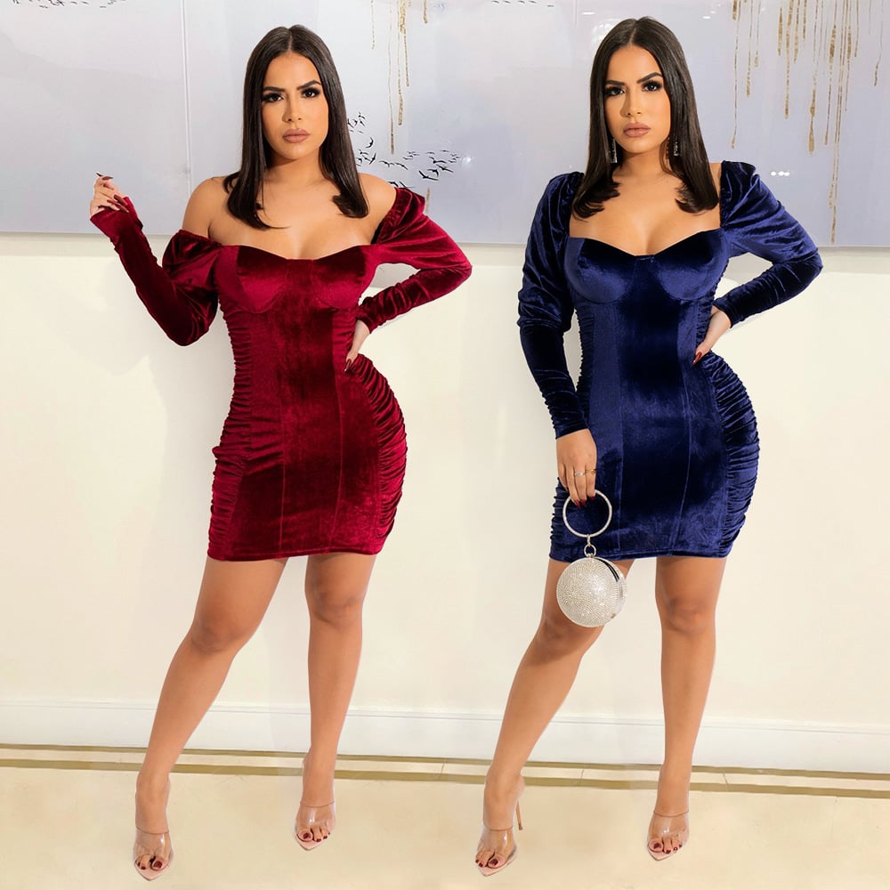 Pleuche Long Sleeve Evening Gown Image 5