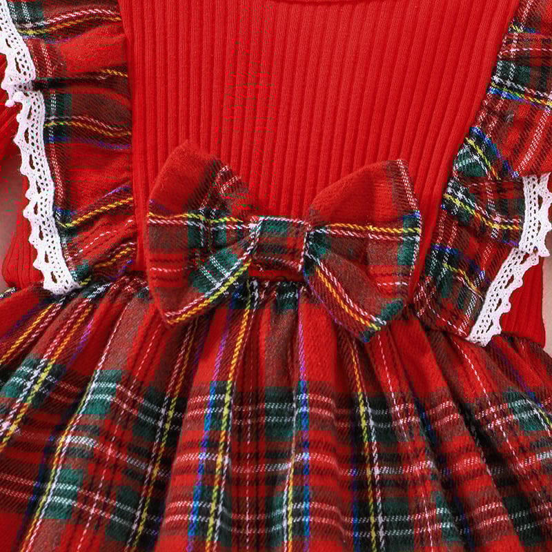 Girl's Christmas Style Plaid Long Sleeve Dress Image 5