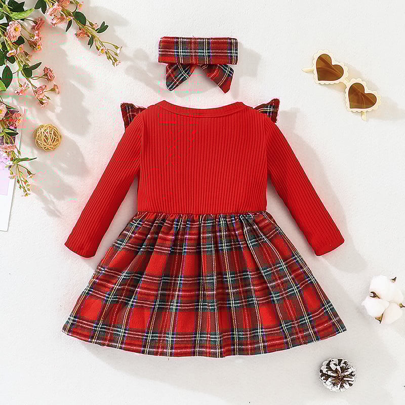 Girl's Christmas Style Plaid Long Sleeve Dress Image 3
