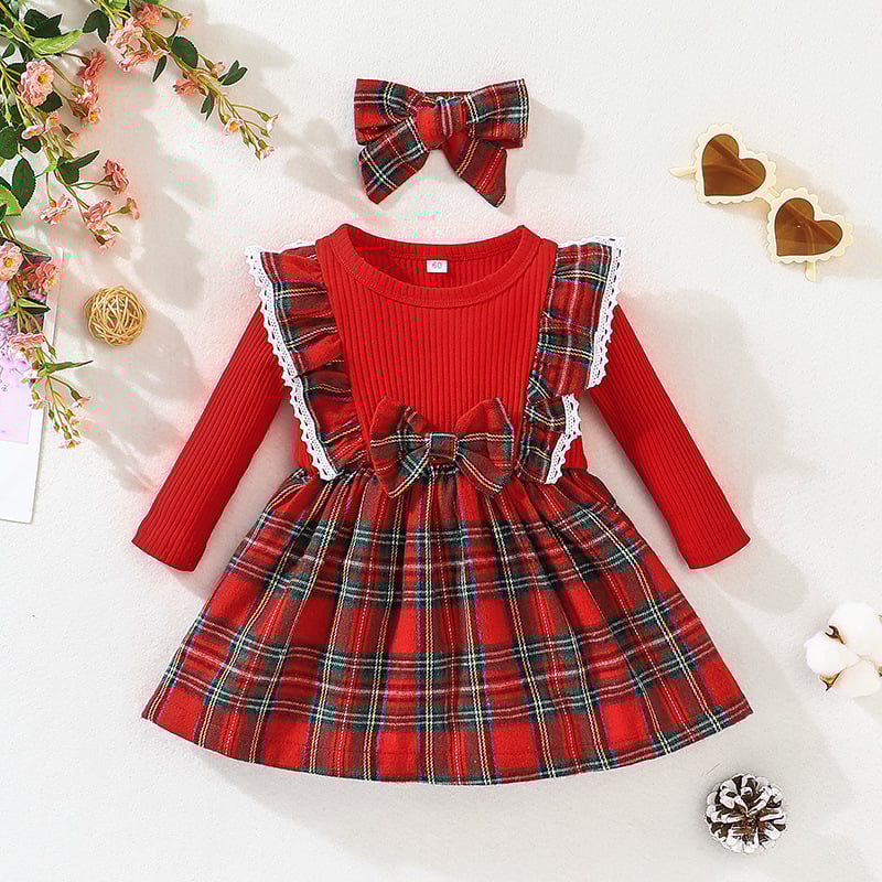 Girl's Christmas Style Plaid Long Sleeve Dress Image 2