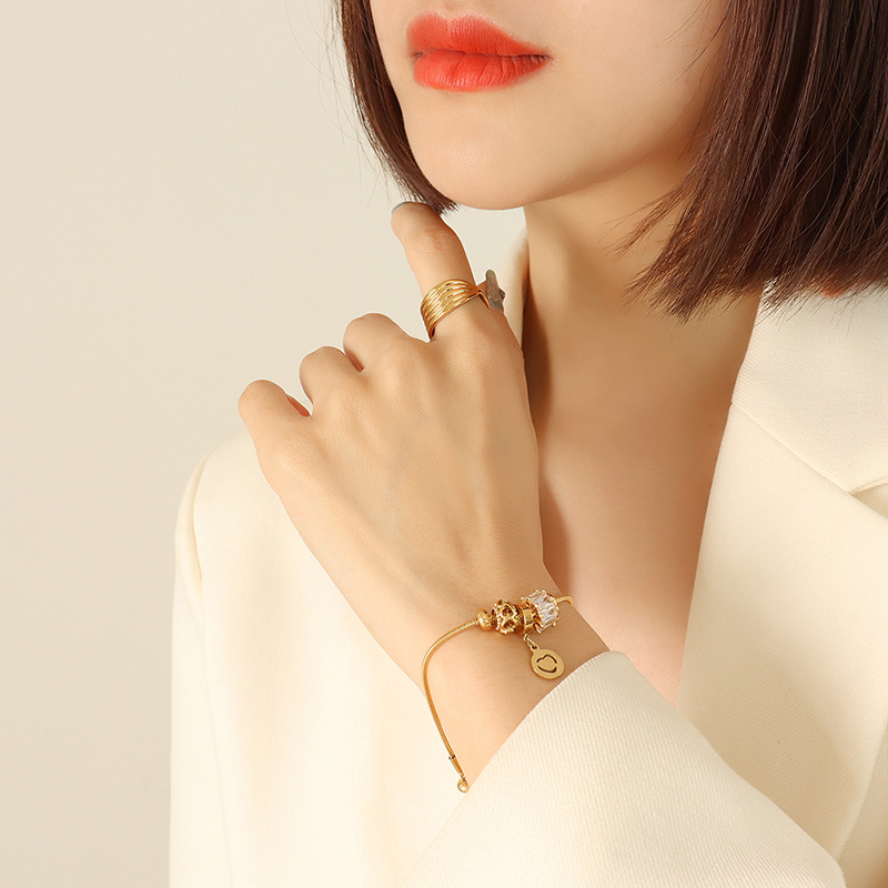 Zircon Pull Buckle Titanium Steel Plated 18K Gold Bracelet