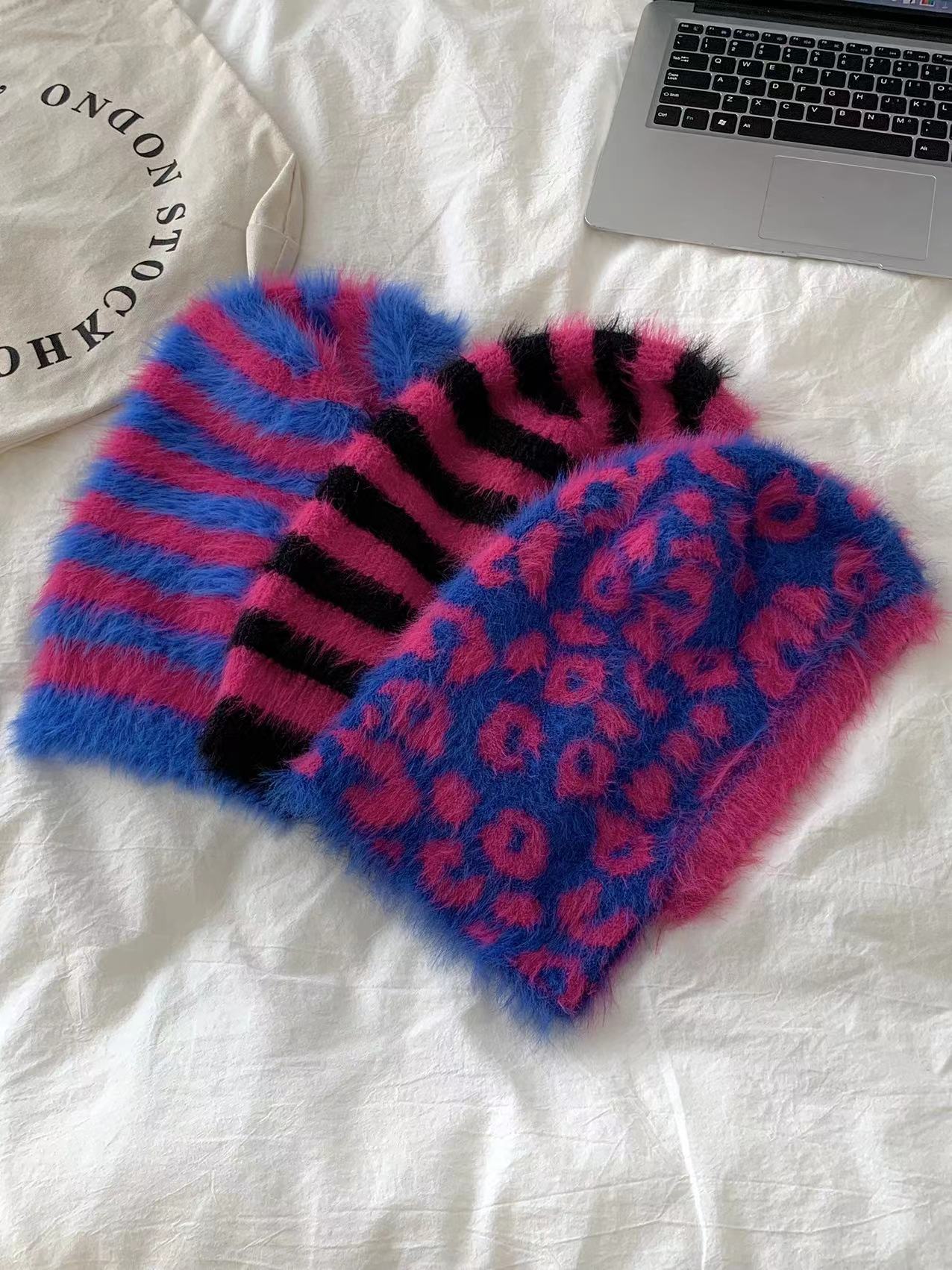 Striped Furry Contrast Color Knitted Woolen Cap Image 3