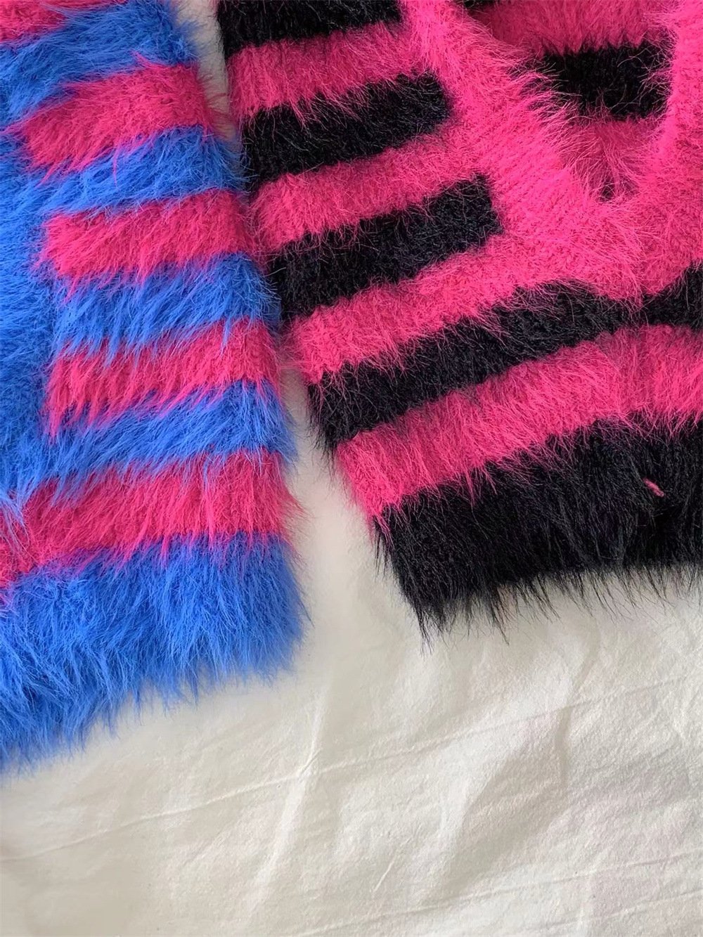 Striped Furry Contrast Color Knitted Woolen Cap Image 2