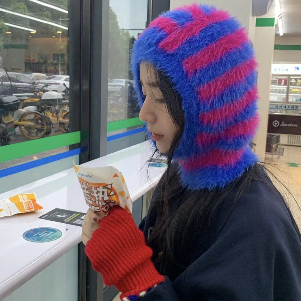 Striped Furry Contrast Color Knitted Woolen Cap Image 7