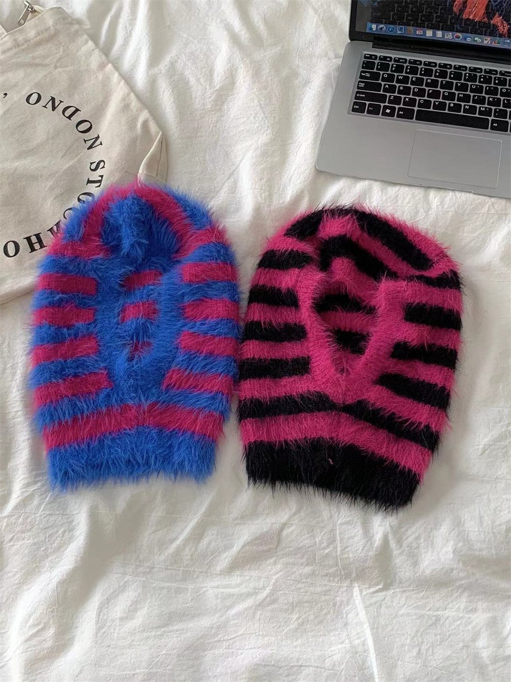 Striped Furry Contrast Color Knitted Woolen Cap Image 5