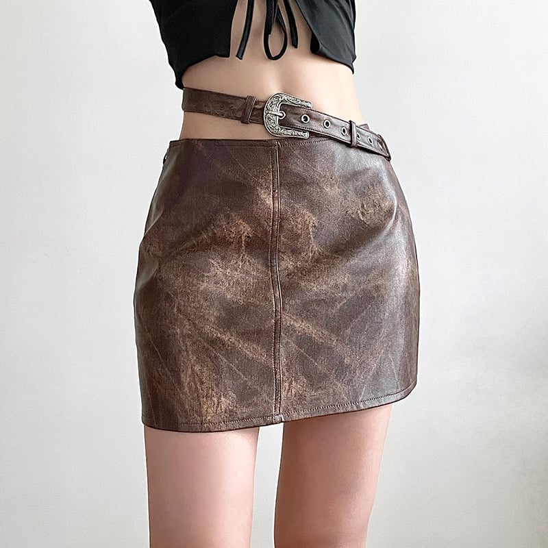 Brown Vintage Tie-dye Leather Skirt 2