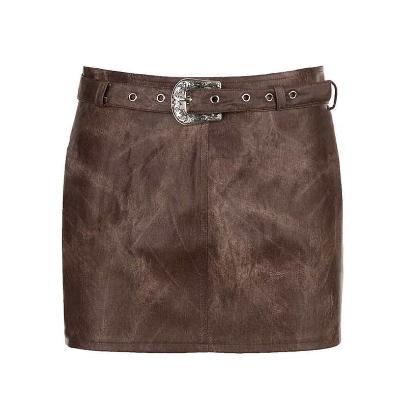 Brown Vintage Tie-dye Leather Skirt 7