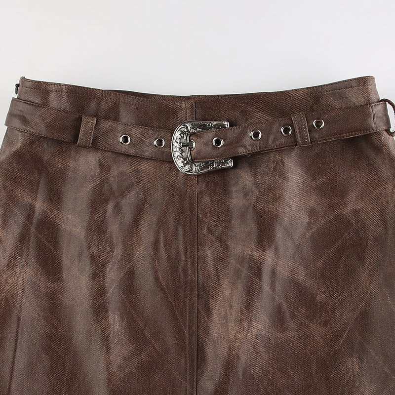 Brown Vintage Tie-dye Leather Skirt 5