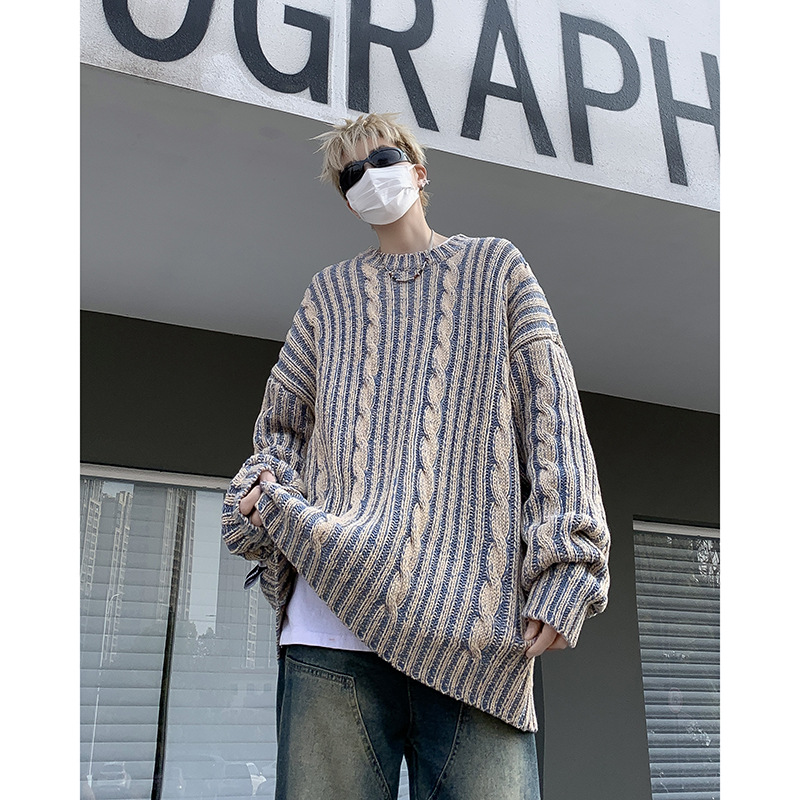 Striped Retro American Loose Round Neck Sweater Image 7