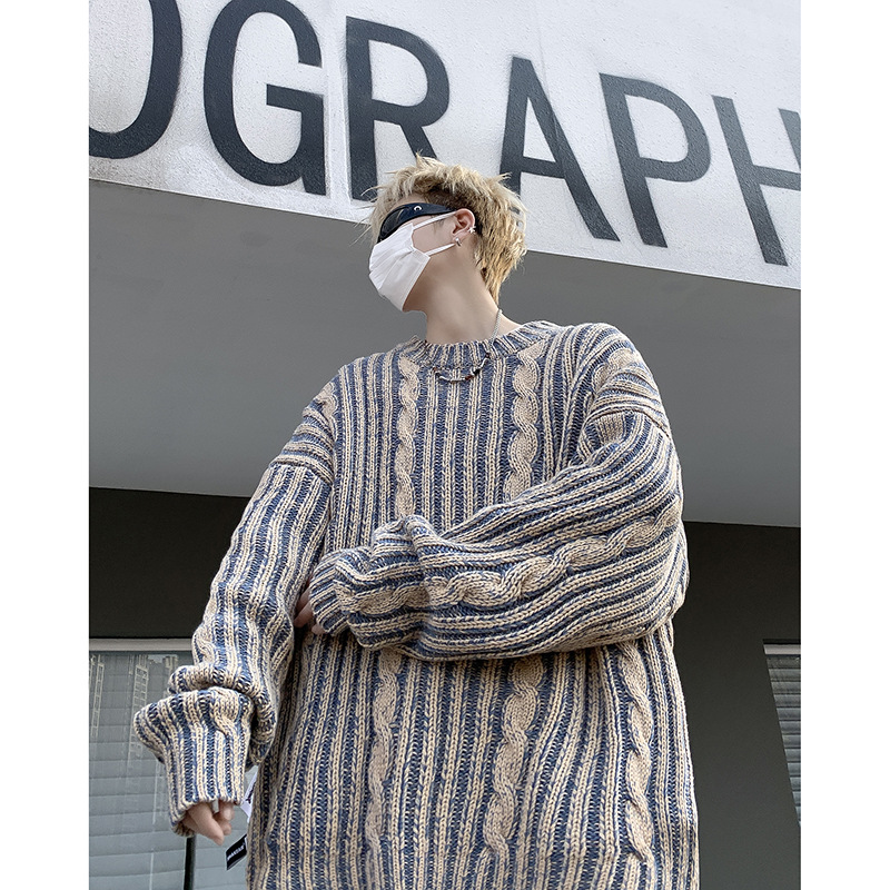 Striped Retro American Loose Round Neck Sweater Image 3