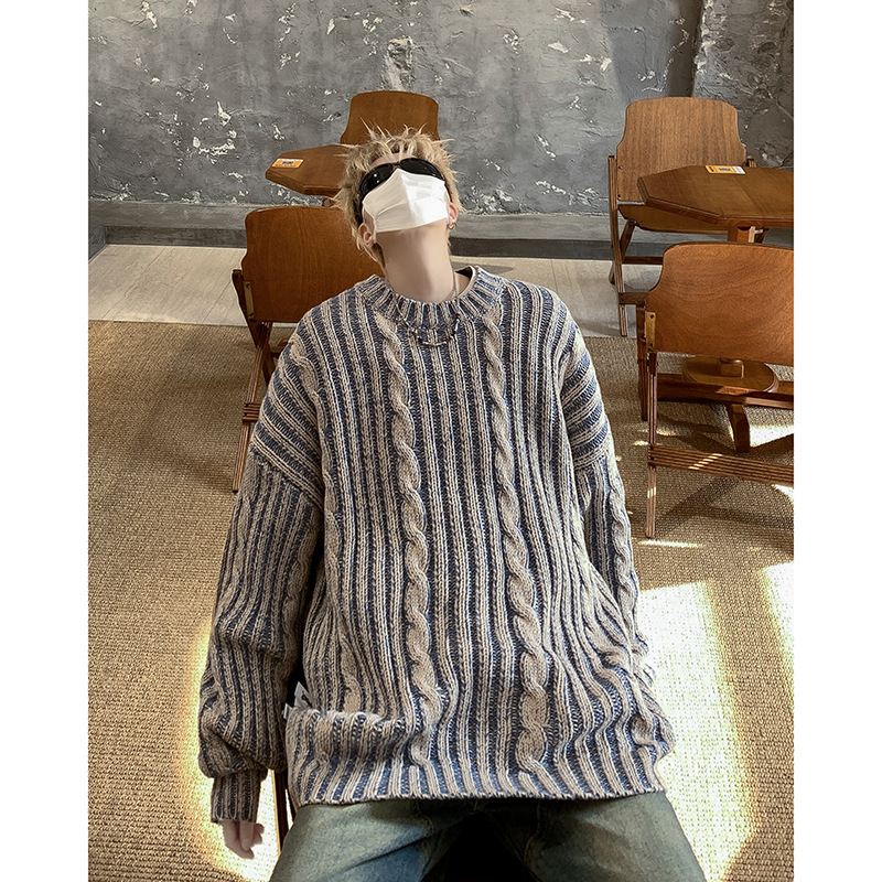 Striped Retro American Loose Round Neck Sweater Image 4