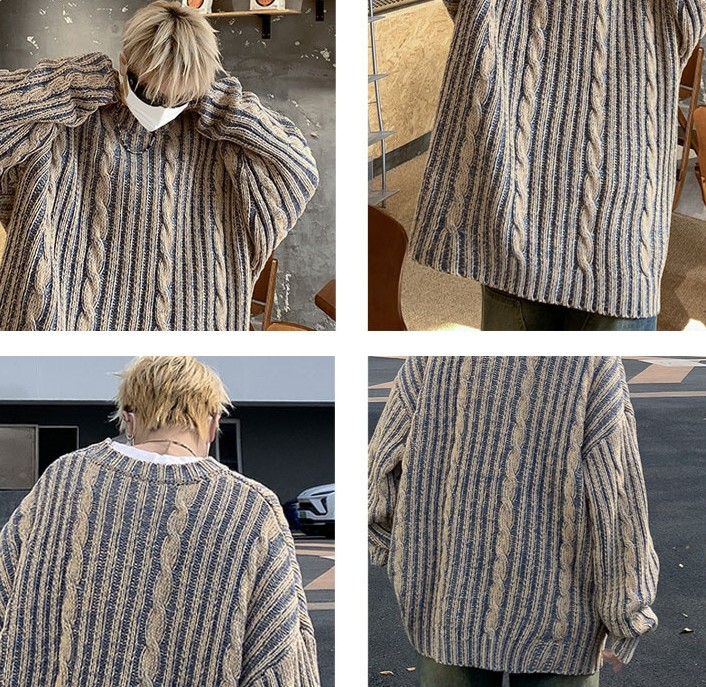 Striped Retro American Loose Round Neck Sweater Image 2