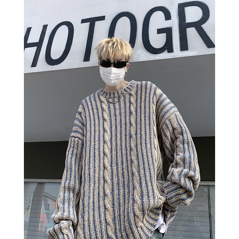 Striped Retro American Loose Round Neck Sweater Image 6