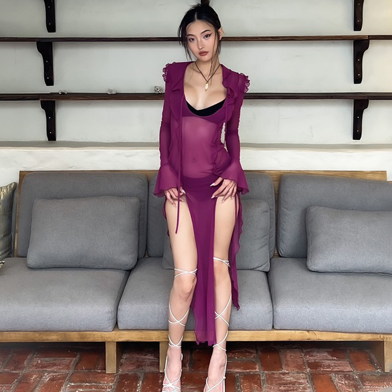 Mesh See-through Flare Sleeve Dress - Purple
