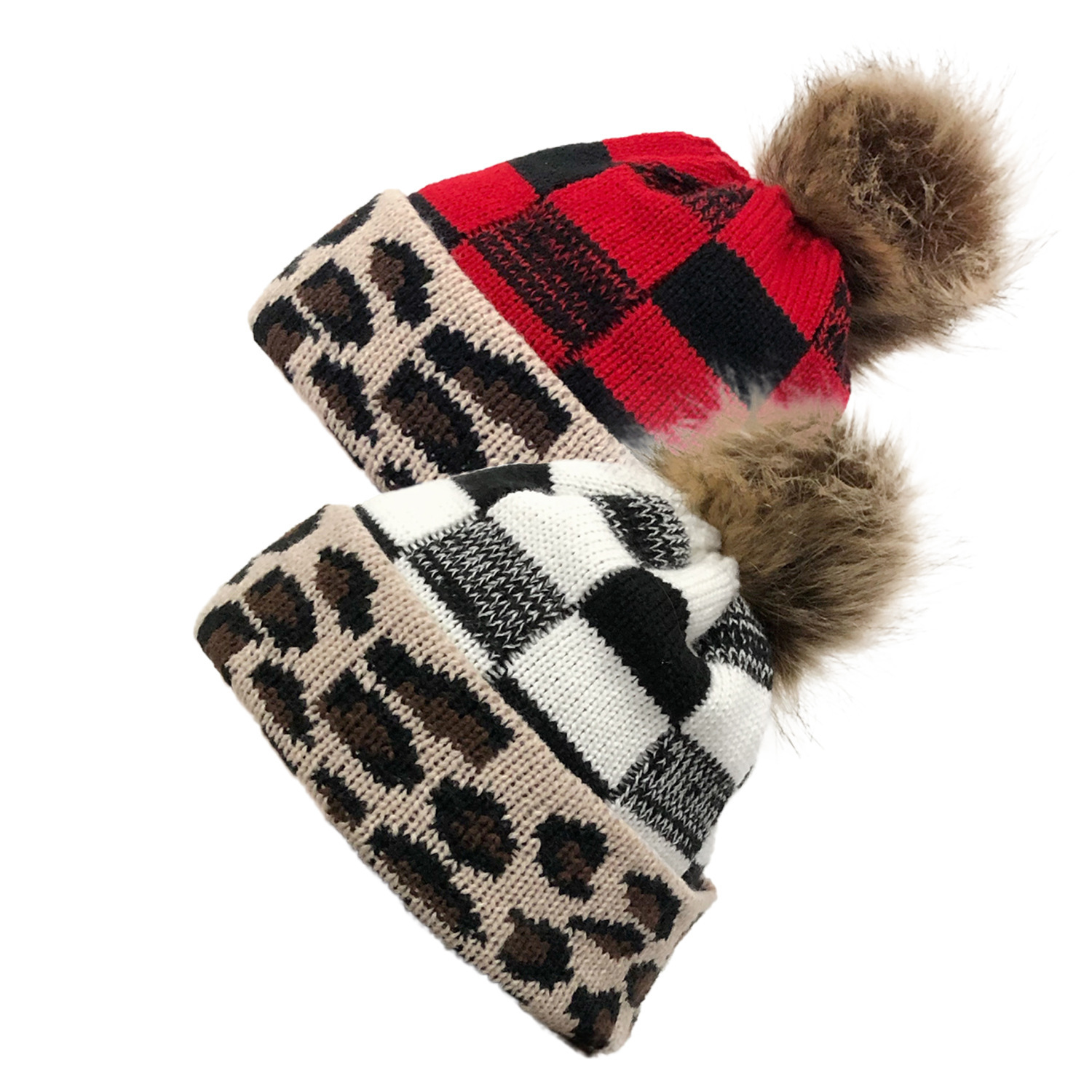 Plaid Fur Ball Knitted Hat