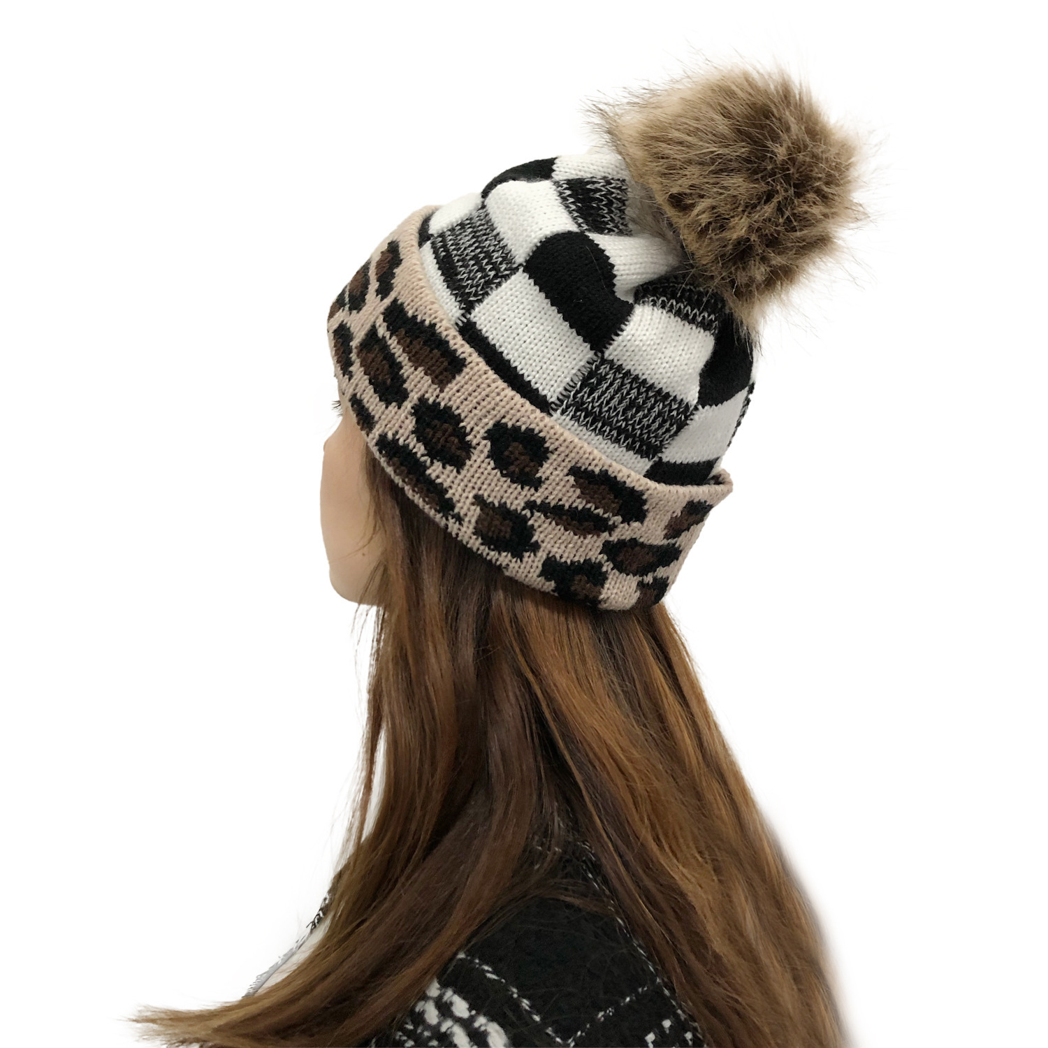 Plaid Fur Ball Knitted Hat