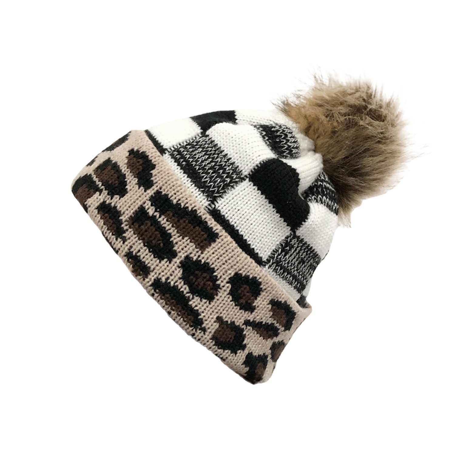 Plaid Fur Ball Knitted Hat