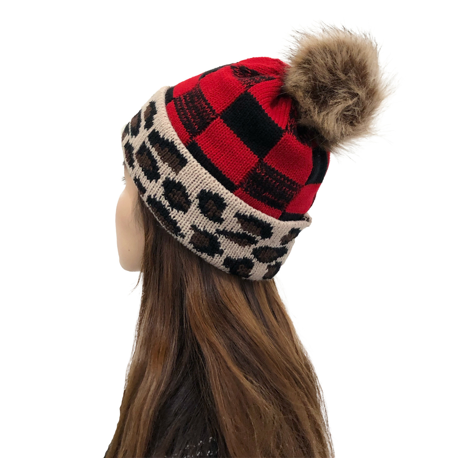 Plaid Fur Ball Knitted Hat