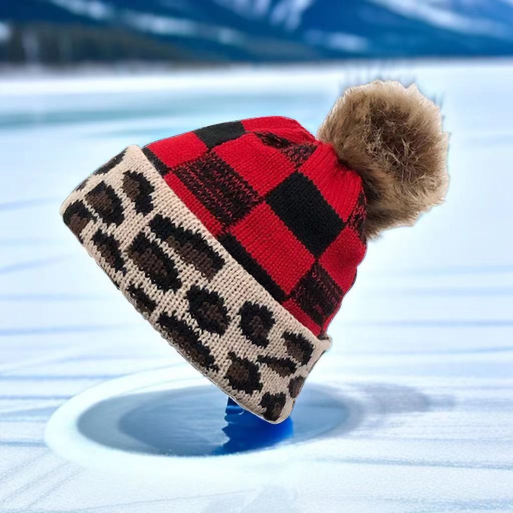 Plaid Fur Ball Knitted Hat