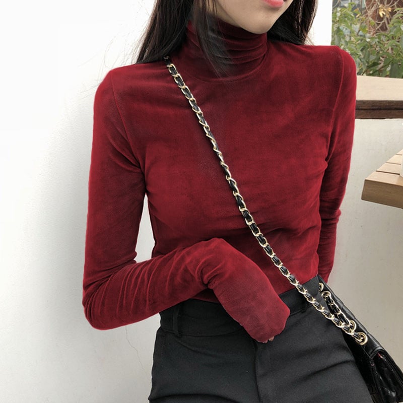 Women's Gold Velvet Turtleneck Shirt Image 6