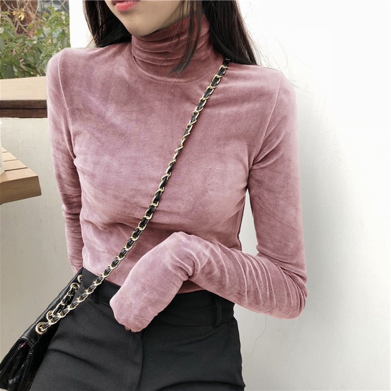 Women's Gold Velvet Turtleneck Shirt Image 2