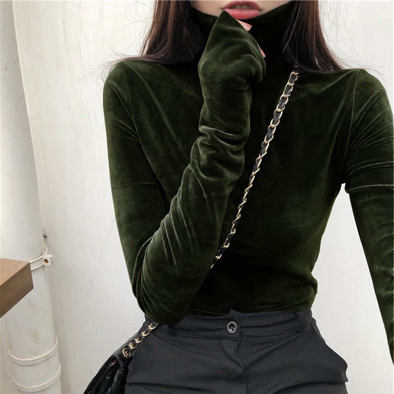 Women's Gold Velvet Turtleneck Shirt Image 3