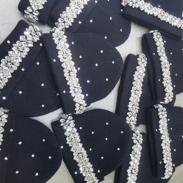 Hand-sewn Rhinestone Letter Wool Hat detail view