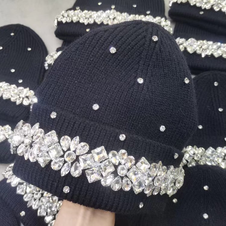 Hand-sewn Rhinestone Letter Wool Hat on model