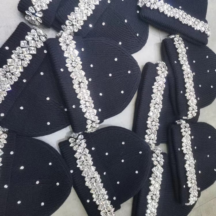 Hand-sewn Rhinestone Letter Wool Hat side view