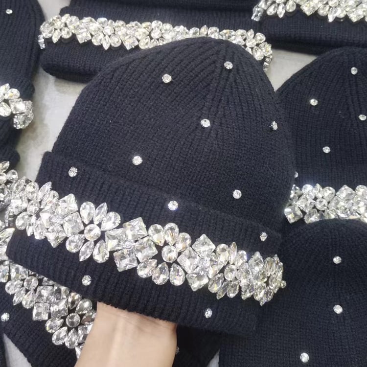 Hand-sewn Rhinestone Letter Wool Hat front view