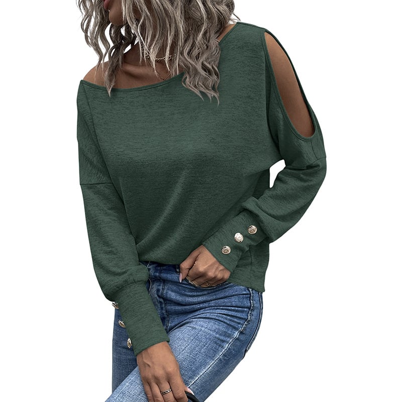 Hollow-out Long-sleeved Top - Green