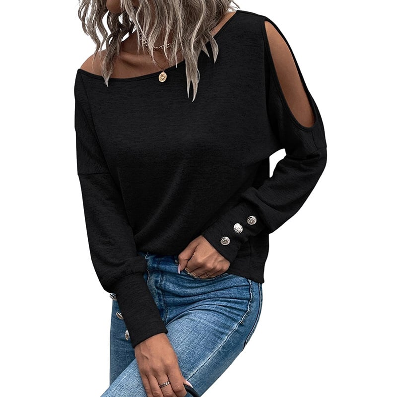 Hollow-out Long-sleeved Top - Black