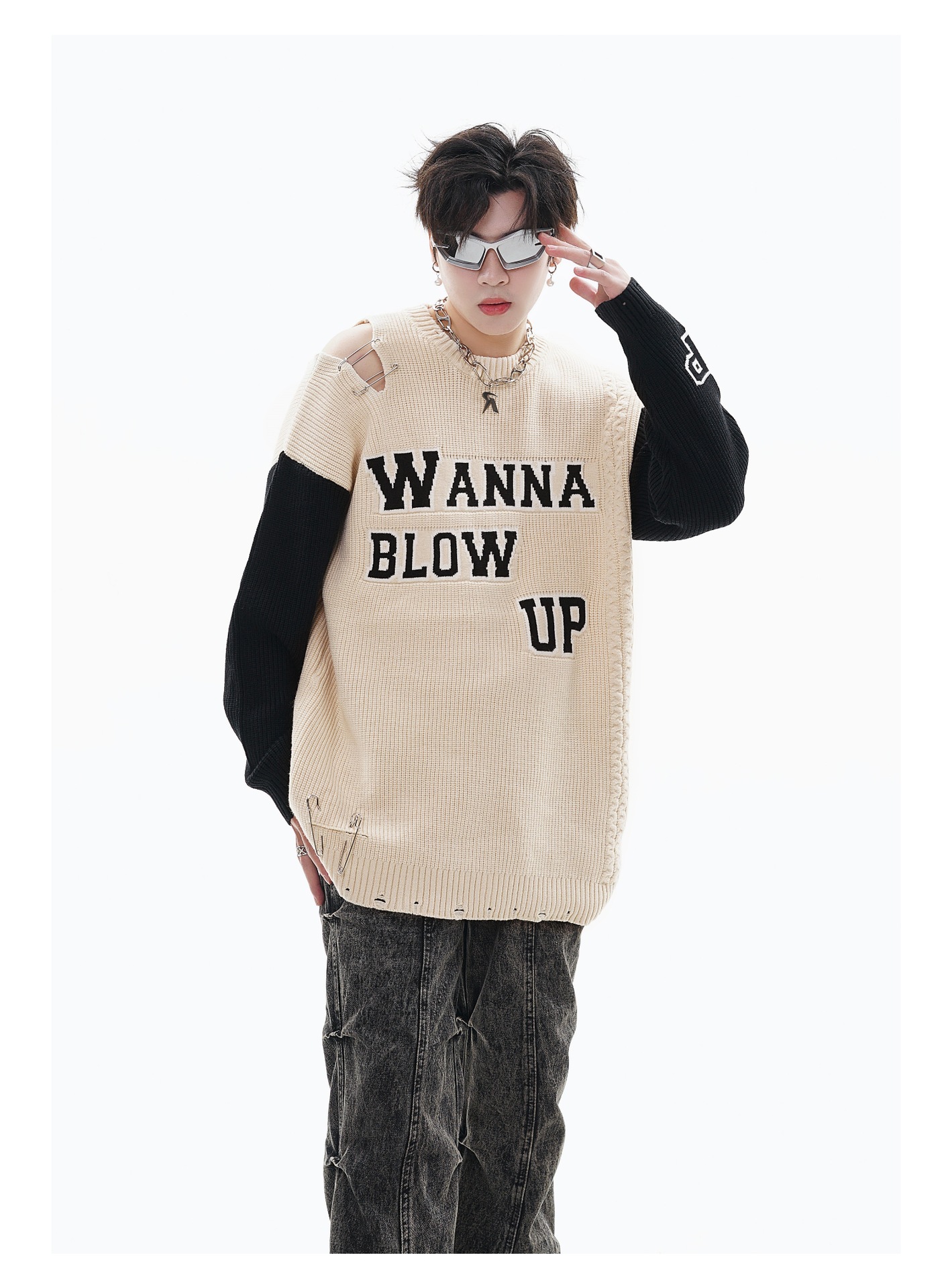 Ripped Pin Embroidered Sweater Image 3