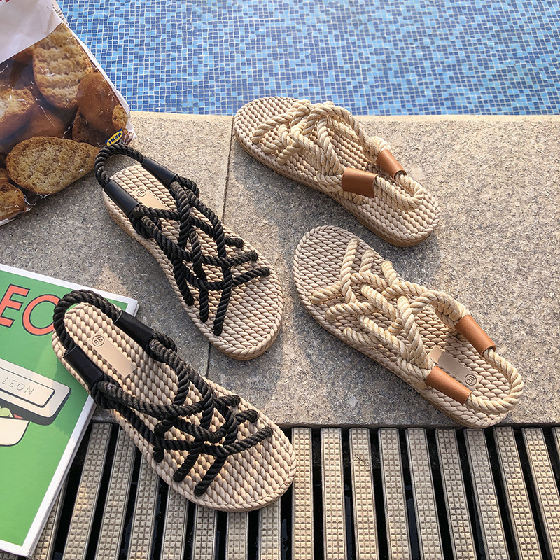 Flat Hemp Rope Cross Casual Beach Sandals Image 7