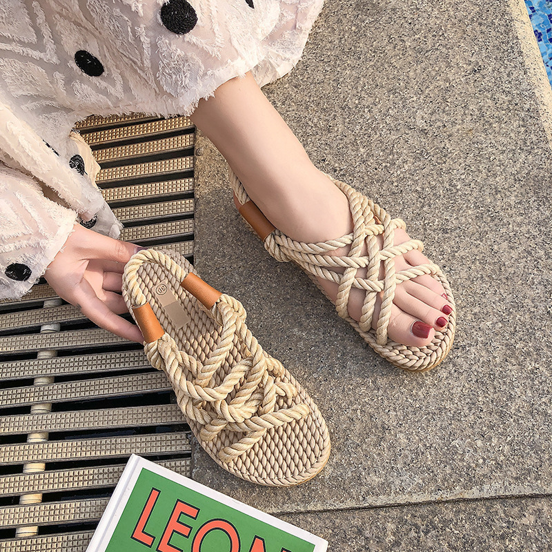 Flat Hemp Rope Cross Casual Beach Sandals Image 6