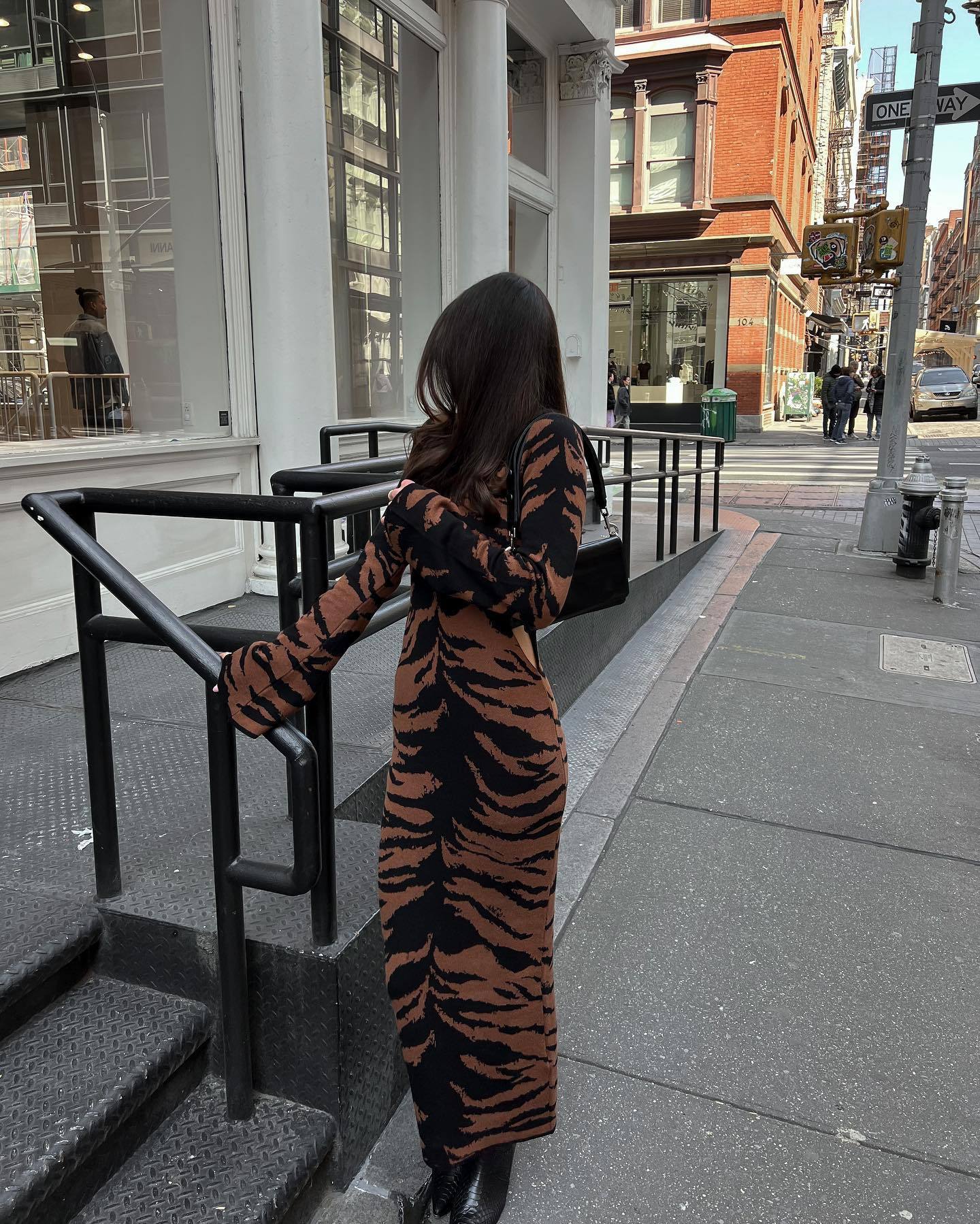 Women's Bell Sleeve Fashion Print Dress - Back View