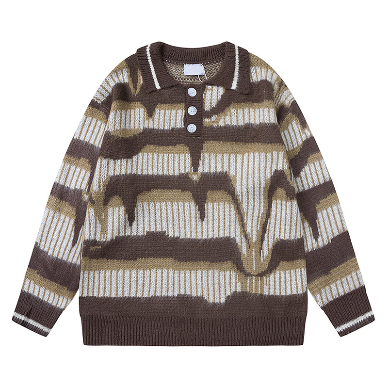 Men's Retro Contrast Striped Button Sweater Image 4