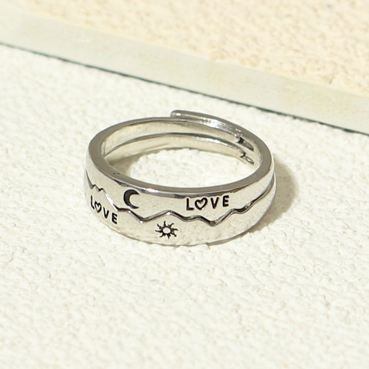 LOVE Sun Moon Star Couple Ring - Silver Black