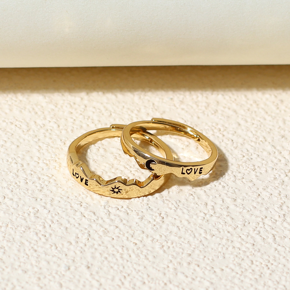 LOVE Sun Moon Star Couple Ring close-up